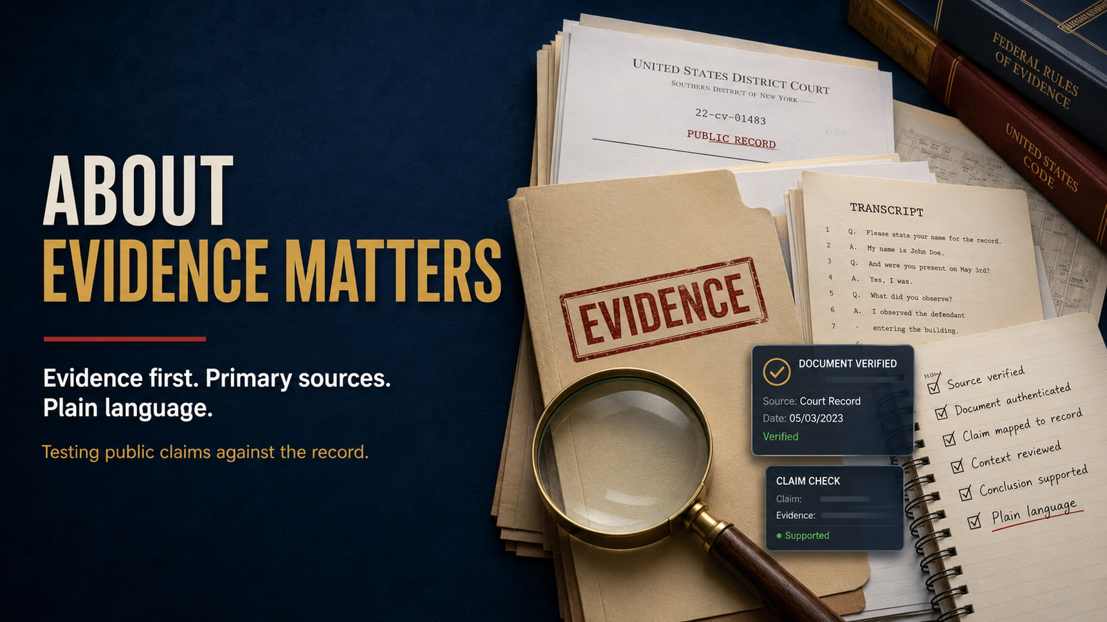 About Evidence Matters feature image showing evidence review, public records, source verification, and plain language claim checking