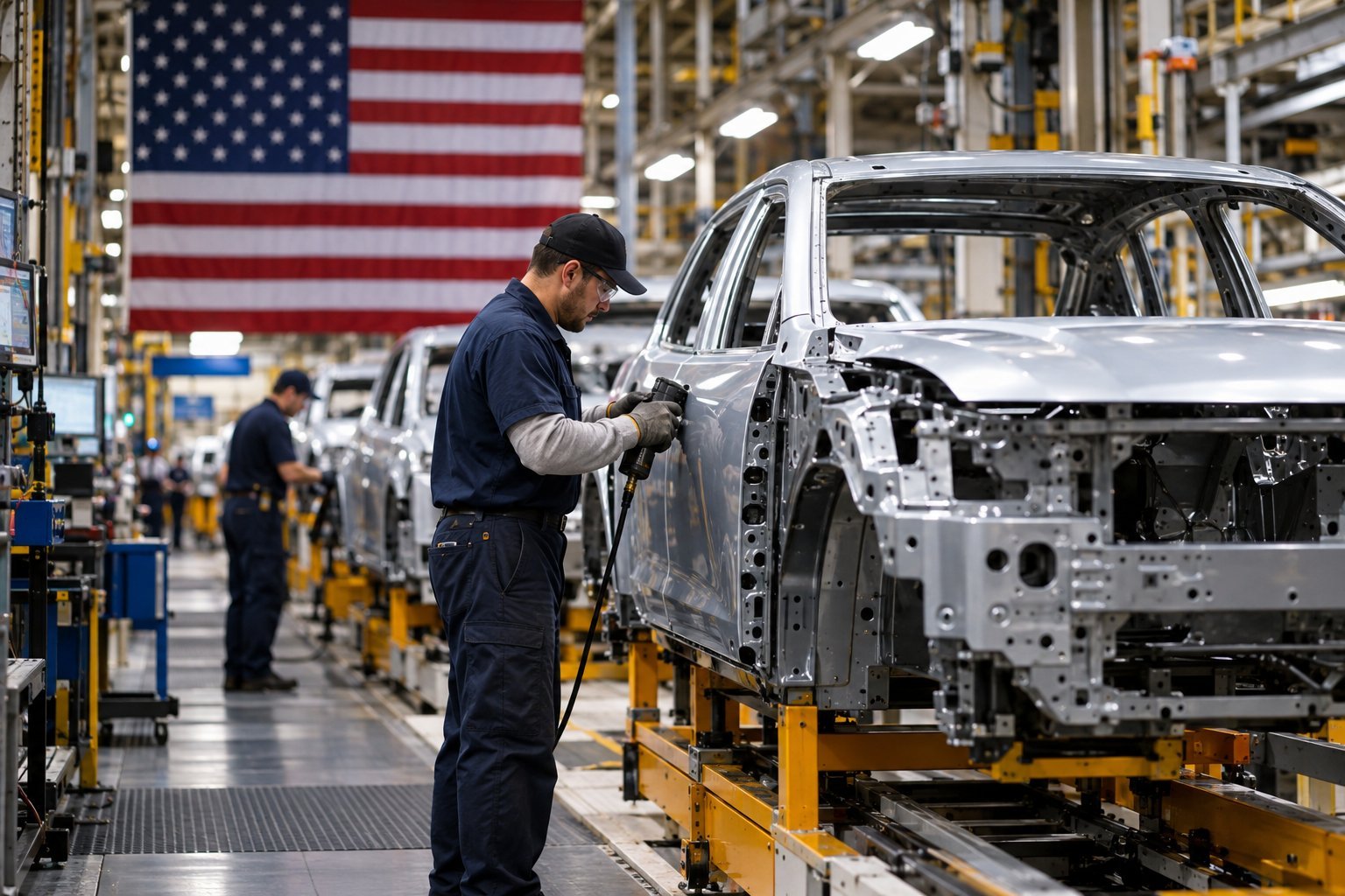Did Trump Tariffs Create a Record Auto Factory Boom? Illustration of an auto assembly worker and unfinished car, accompanying an analysis of Trump auto factory tariff claims